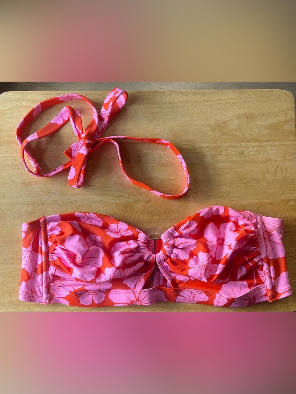 WILD FABLE Pink & Red Floral Bandeau Swim Top with Removable Strap
